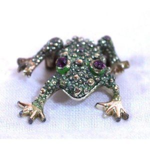 Frog Pin Brooch Green Gold Tone Purple Stone Eyes Appx 1.5"